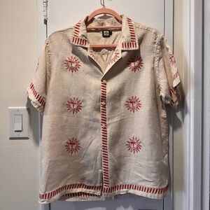 Beige and Red Embroidered Linen Shirt